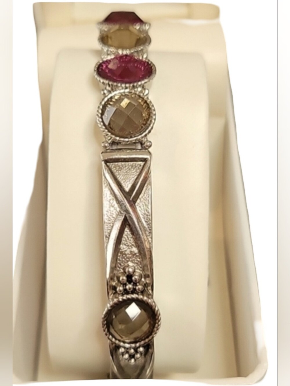Vintage Silver Openwork Stretch Cuff Bracelet Pink Smoky Earthy Gems